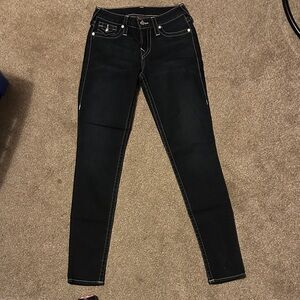 NWT True Religion Black Skinny Jeans with White Stitching and bling rivets.
